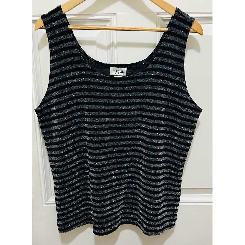 Chicos Travelers Black Silver Stripe‎ Sparkle Tank Top Womens Size 3